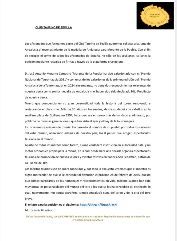 Petición Medalla de Andalucía para “Morante de la Puebla” - 8 de Enero de 2025 medalla morante
